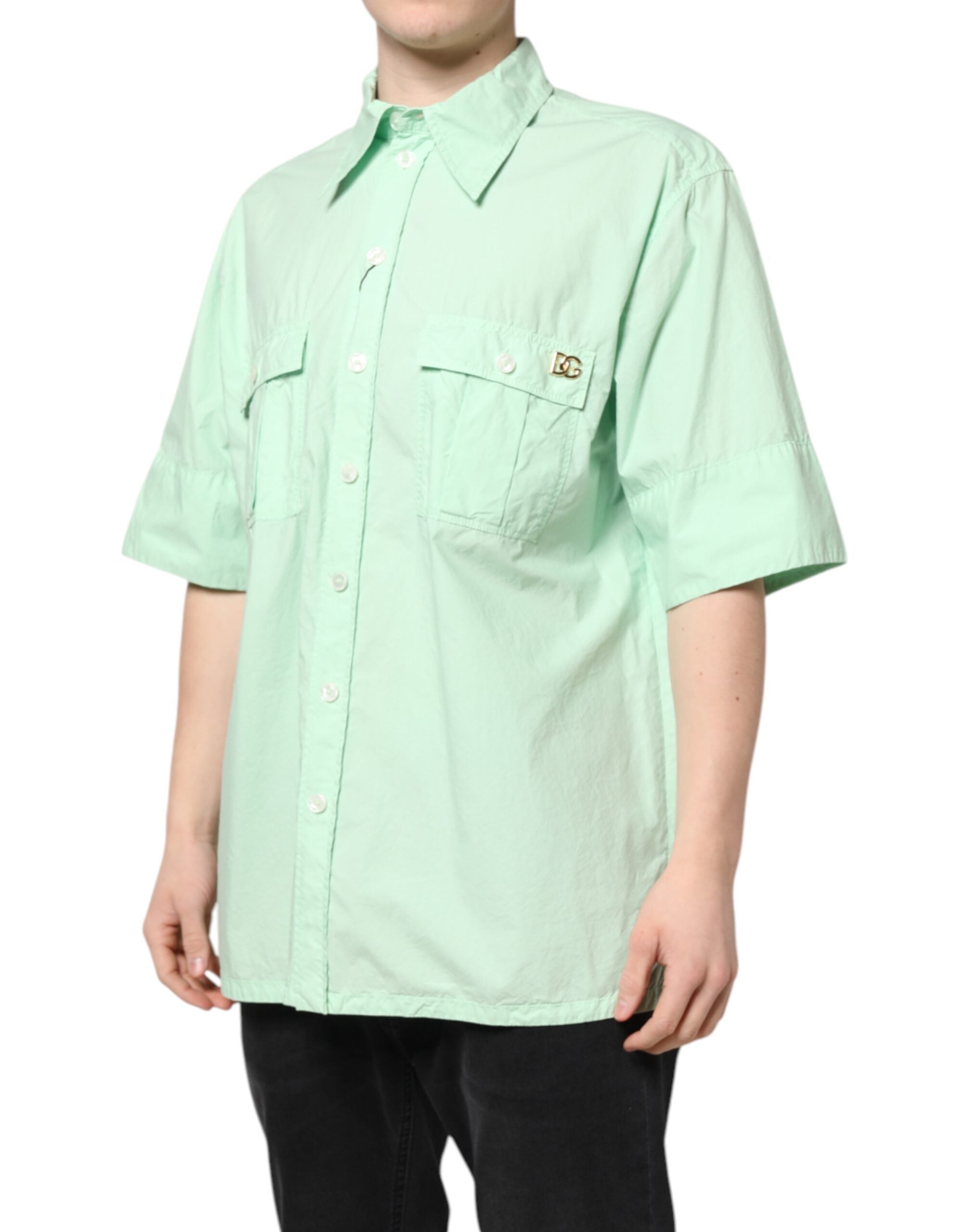 Dolce & Gabbana Green Cotton Short Sleeve Men Casual Shirt